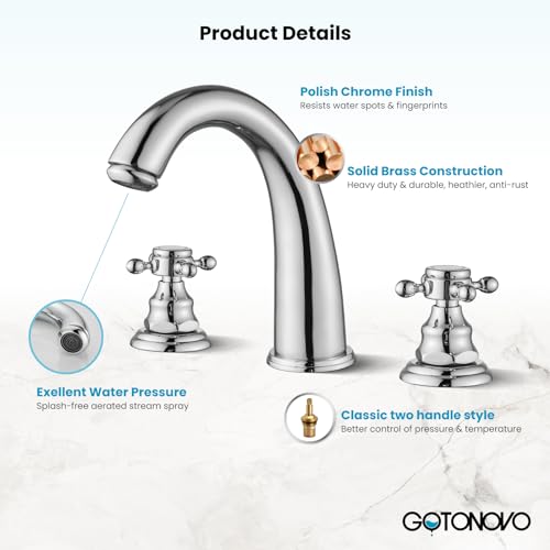 gotonovo 3 Hole Deck Mount 2 Handles Lavatory Basin Bathroom Sink Faucet with Pop Up Drain with Hot and Cold Mixer Valves 8 Inch Widespread Bathroom Faucet Chrome Polished Double Cross Handle