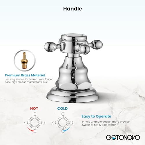 gotonovo 3 Hole Deck Mount 2 Handles Lavatory Basin Bathroom Sink Faucet with Pop Up Drain with Hot and Cold Mixer Valves 8 Inch Widespread Bathroom Faucet Chrome Polished Double Cross Handle