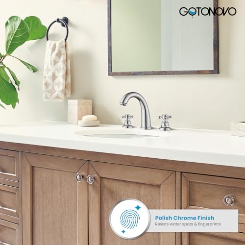 gotonovo 3 Hole Deck Mount 2 Handles Lavatory Basin Bathroom Sink Faucet with Pop Up Drain with Hot and Cold Mixer Valves 8 Inch Widespread Bathroom Faucet Chrome Polished Double Cross Handle