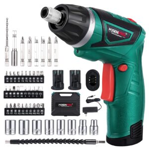 posenpro cordless electric screwdriver wtih 2 battery, 7.2v rechargeable power screwdriver with 48 pcs accessories, screw gun with 6+1 torque setting & twistable handle for home diy, bmc packing
