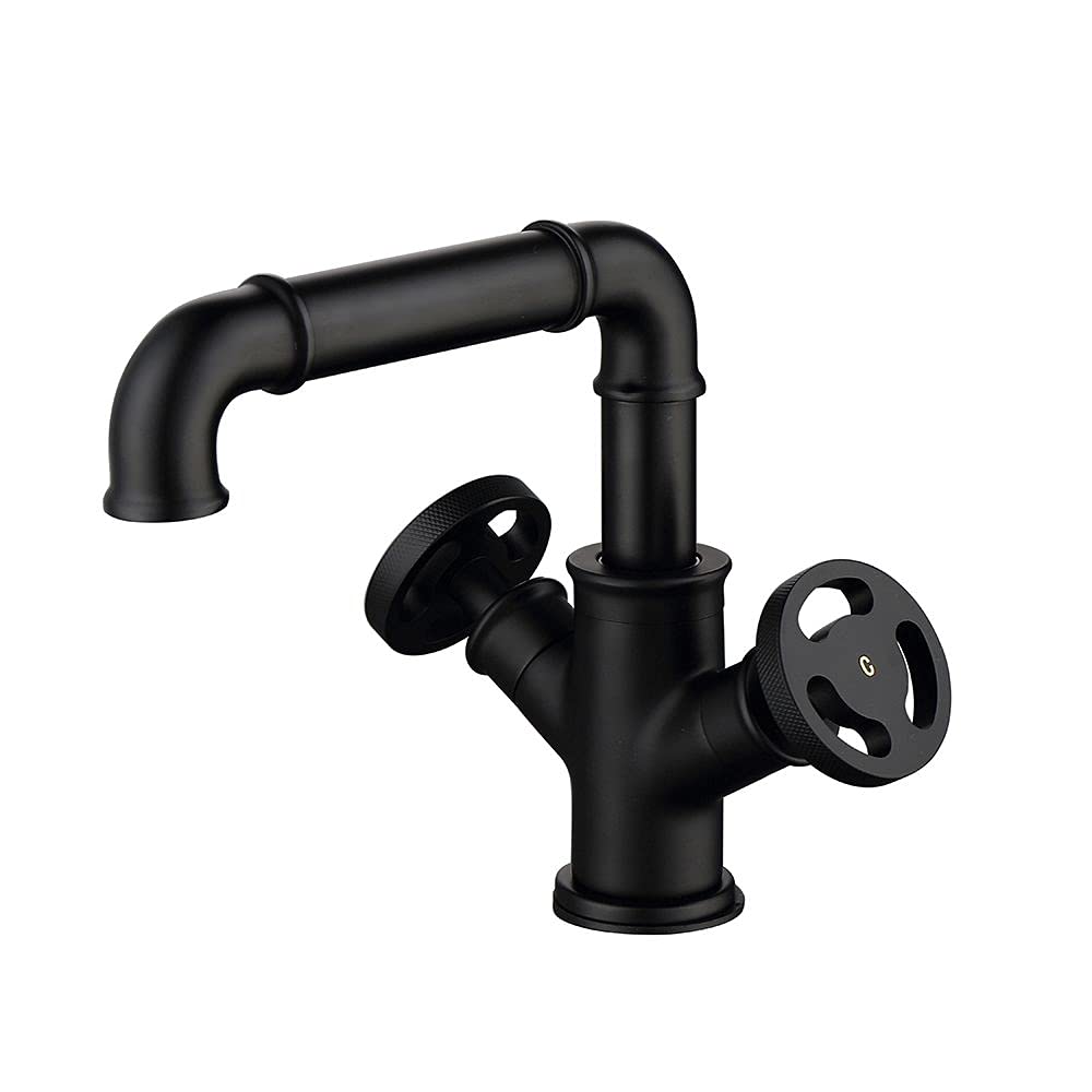 KunMai Industrial Pipe Single Hole Two Handles Bathroom Sink Faucet Double Handles Solid Brass in Matte Black