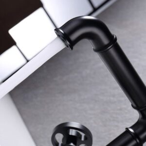 KunMai Industrial Pipe Single Hole Two Handles Bathroom Sink Faucet Double Handles Solid Brass in Matte Black