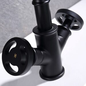 KunMai Industrial Pipe Single Hole Two Handles Bathroom Sink Faucet Double Handles Solid Brass in Matte Black