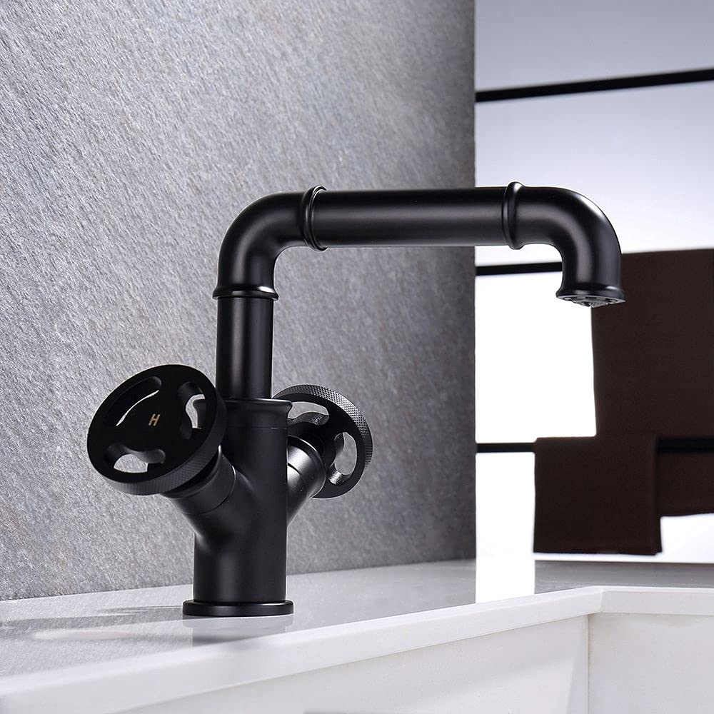 KunMai Industrial Pipe Single Hole Two Handles Bathroom Sink Faucet Double Handles Solid Brass in Matte Black