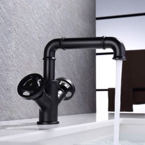 KunMai Industrial Pipe Single Hole Two Handles Bathroom Sink Faucet Double Handles Solid Brass in Matte Black