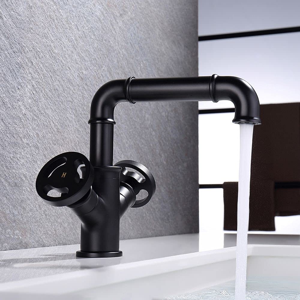 KunMai Industrial Pipe Single Hole Two Handles Bathroom Sink Faucet Double Handles Solid Brass in Matte Black