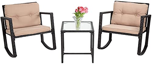 FDW Rocking Wicker Patio Furniture Modern Conversation Sets with Coffee Table for Yard and Bistro, Black