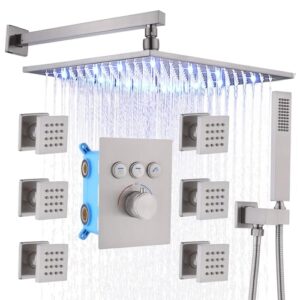 enga brushed nickel shower system with body spray jets, wall mount 12 inch led rain shower head push button diverter shower fixtures, all functions can run at once