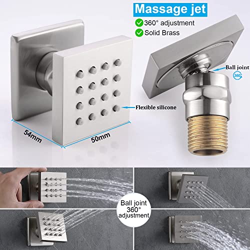 Enga Brushed Nickel Shower System with Body Spray Jets, Wall Mount 12 Inch LED Rain Shower Head Push Button Diverter Shower Fixtures, All Functions Can Run At Once