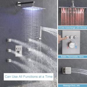 Enga Brushed Nickel Shower System with Body Spray Jets, Wall Mount 12 Inch LED Rain Shower Head Push Button Diverter Shower Fixtures, All Functions Can Run At Once