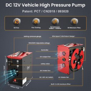 GX PUMP CS3-I Portable PCP Air Compressor, Built-in Home Converter, Auto-Stop, Oil-Free, Built-in Water-Oil Separator Filter, Powered by 12V DC or Home 110V AC, 4500Psi/30Mpa