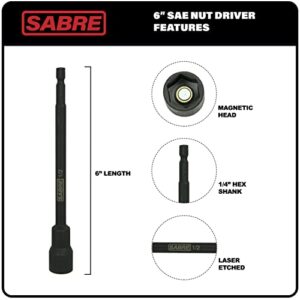 Sabre Tools 8 Piece SAE Impact Magnetic Nut Driver Set – 6 Inch Length, 1/4 Inch Hex Shank, Magnetic Socket Tip (8 Piece SAE Set)