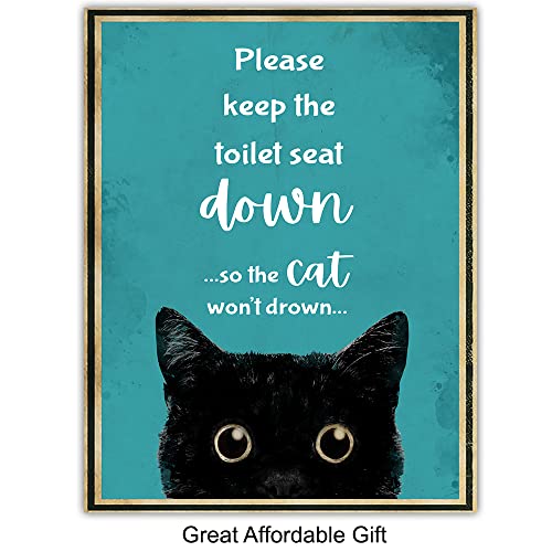 Teal Blue Bathroom Wall Decor - Funny Cat Bathroom Decor - Bathroom Rules Decorations for Women, Kitty, Kitten, Animal Lovers - Guest Bathroom - Restroom Sign - Bath Wall Decor - Powder Room Wall Art