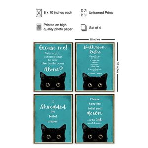 Teal Blue Bathroom Wall Decor - Funny Cat Bathroom Decor - Bathroom Rules Decorations for Women, Kitty, Kitten, Animal Lovers - Guest Bathroom - Restroom Sign - Bath Wall Decor - Powder Room Wall Art