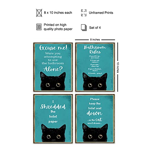 Teal Blue Bathroom Wall Decor - Funny Cat Bathroom Decor - Bathroom Rules Decorations for Women, Kitty, Kitten, Animal Lovers - Guest Bathroom - Restroom Sign - Bath Wall Decor - Powder Room Wall Art