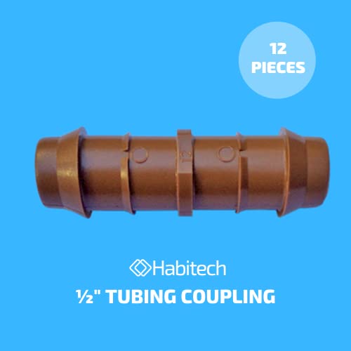 Habitech 1/2" Coupling Drip Irrigation Fittings (12 Pack) - Barbed Drip Line Coupler Connectors compatible with Rain Bird and Most 1/2" Tubing or Sprinkler Systems