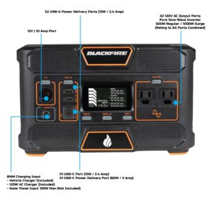 Blackfire - Klein Tools Outdoors - Portable Power Station, PAC505, Outdoor Solar Generator, Rechargeable Lithium Battery, 120V/500W, AC Outlet for Camping, Tailgating, Emergency Backup, Solar Charging