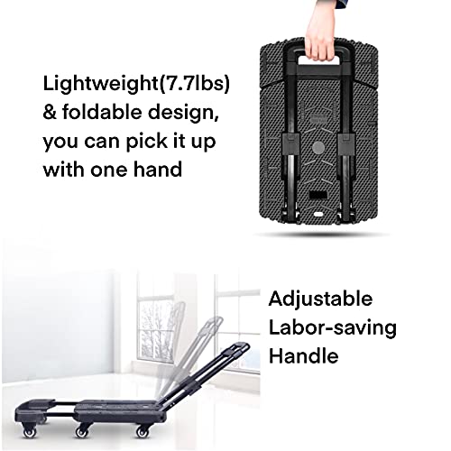 CustomyLife Folding Hand Truck Foldable Dolly Luggage Cart,440lbs Heavy Duty with 6 Wheels, 2 Bungee Ropes and Stretchable Platform, Compact and Utility Trolly for Office,Shopping,Moving,and Travel