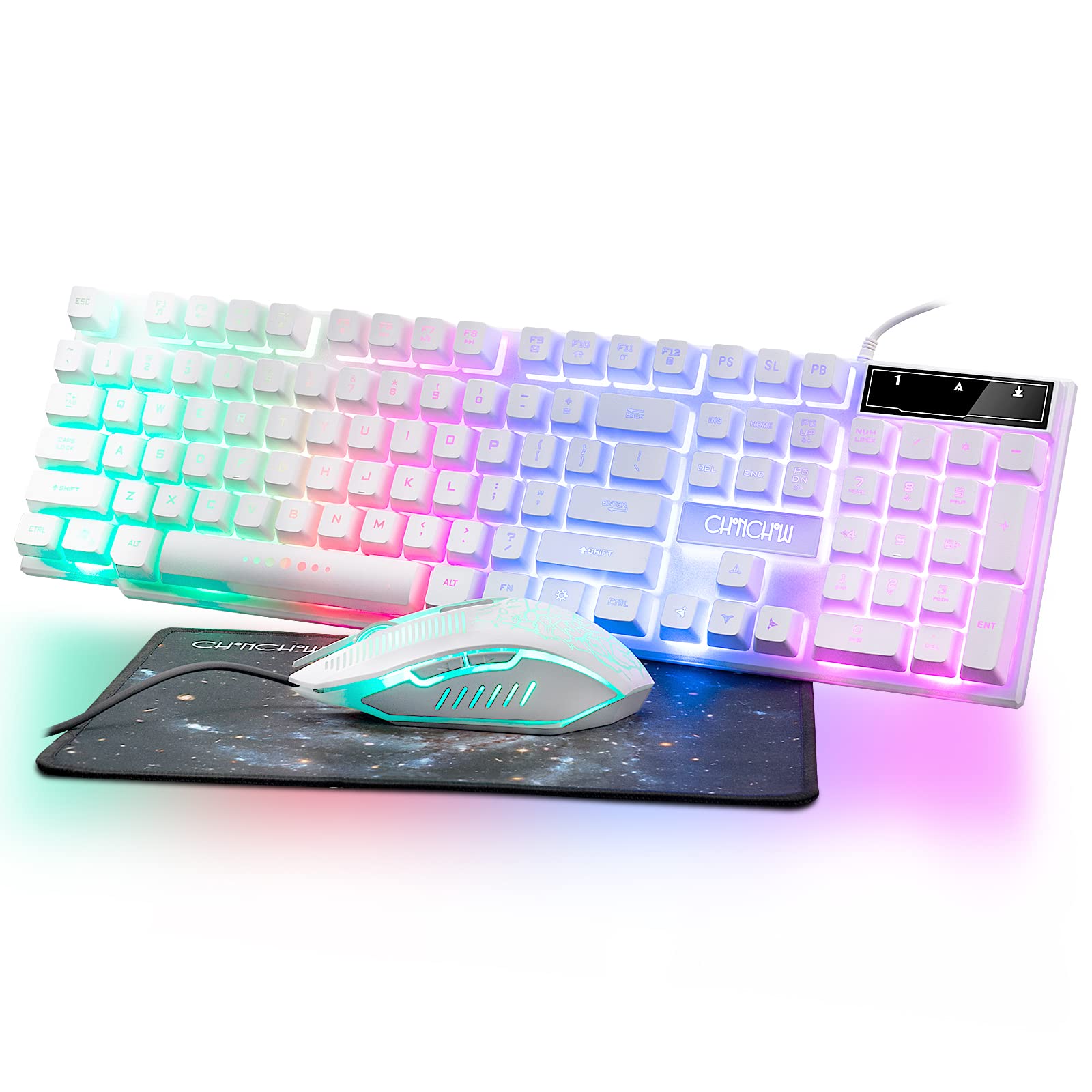 CHONCHOW Gaming Keyboard and Mouse,Keyboard Mouse Combo White Rainbow Backlit USB Wired Compatible with Windows Mac OS Xbox Ps4/Ps5 Offce or Game