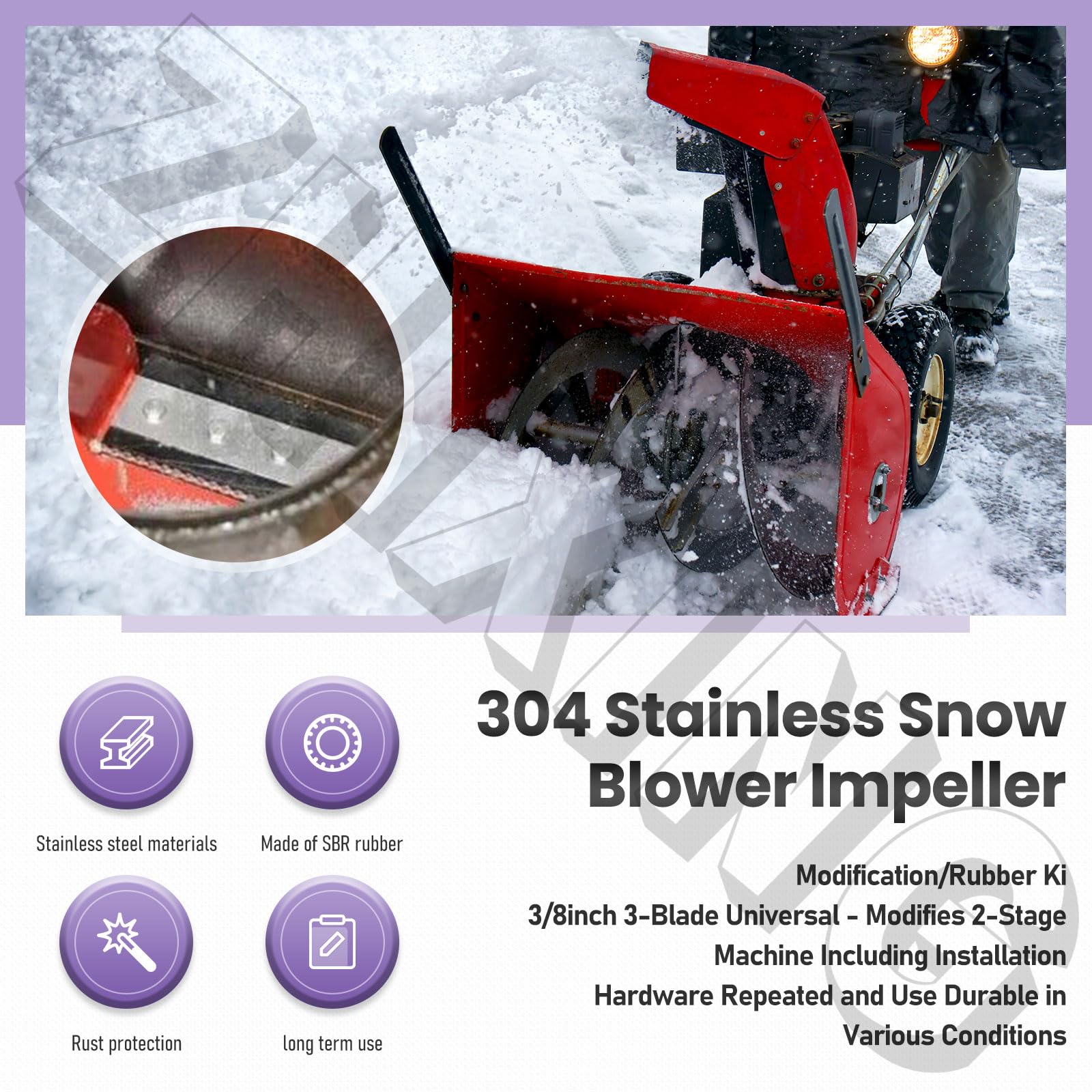 100% 304 Stainless Snow Blower Impeller Modification/Rubber Ki, 3/8inch 3-Blade Universal - Modifies 2-Stage Machine Including Installation Hardware, Repeated and Use Durable in Various Conditions (3)