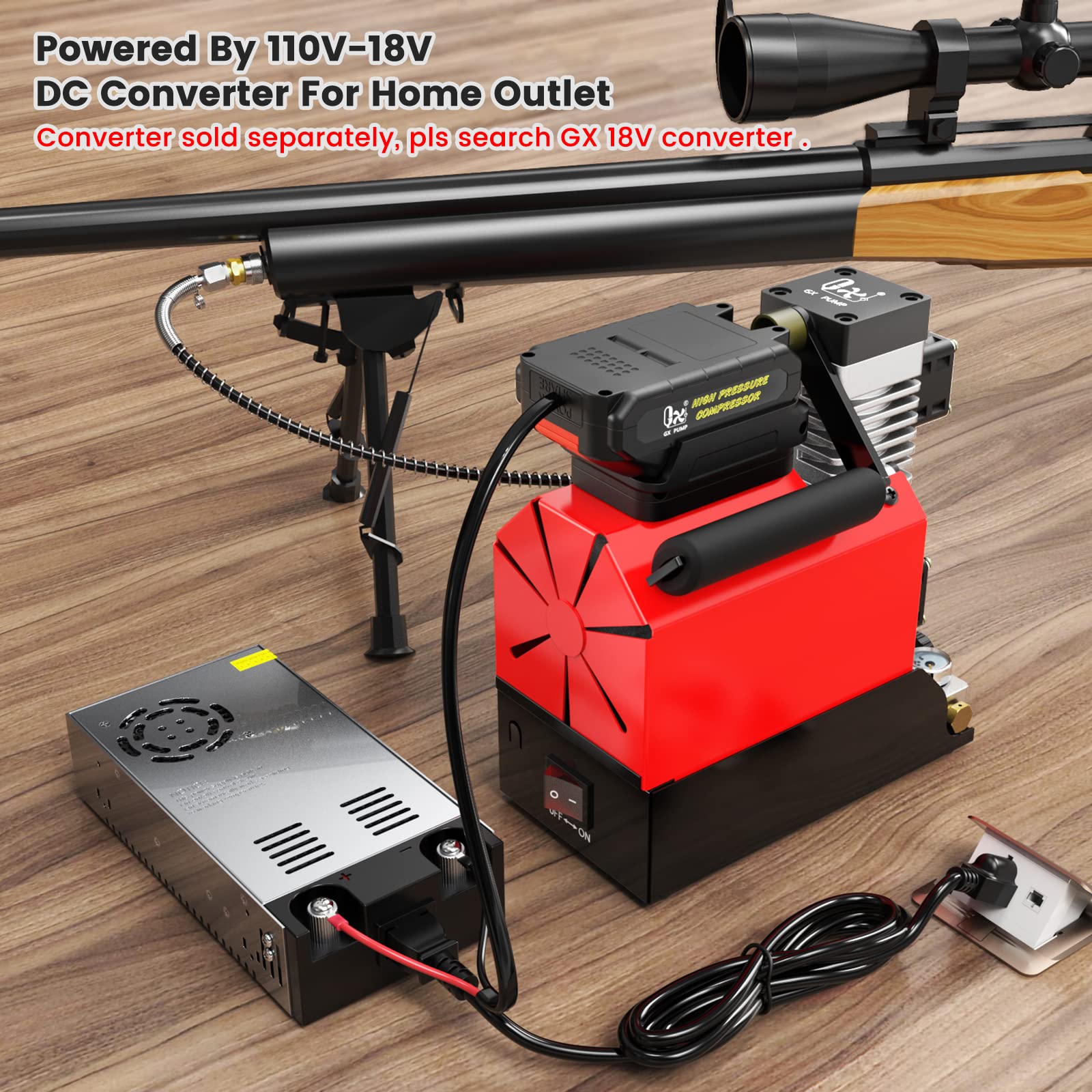 GX PUMP E-L2 Portable 18V Cordless PCP Air Compressor,4500Psi/300Bar, Oil-Free, Powered by 1 x 7.8Ah Lithium-Ion Battery (Included) or 110v to 18V Converter (Sold Separately) for Home Outlet