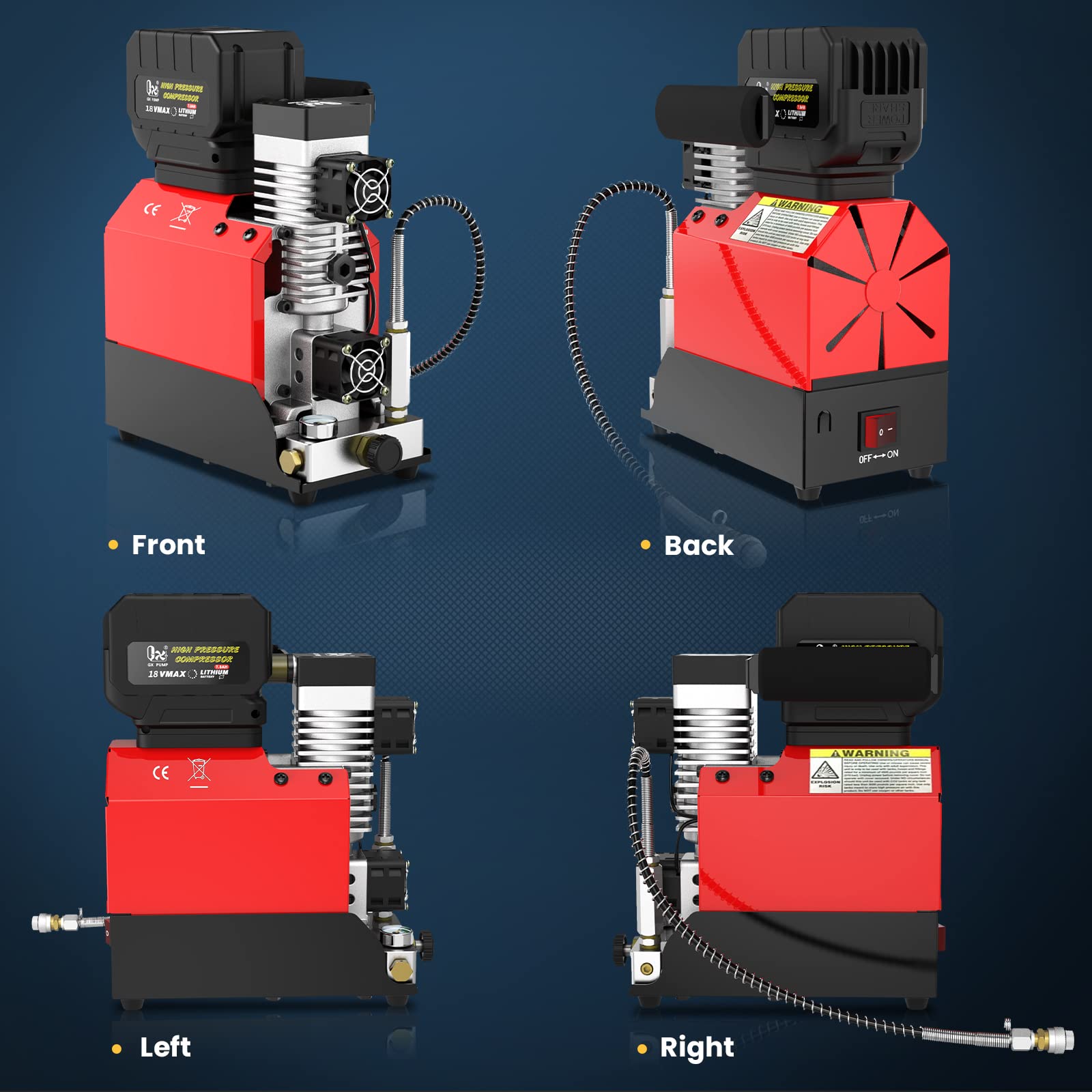 GX PUMP E-L2 Portable 18V Cordless PCP Air Compressor,4500Psi/300Bar, Oil-Free, Powered by 1 x 7.8Ah Lithium-Ion Battery (Included) or 110v to 18V Converter (Sold Separately) for Home Outlet