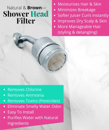 Natural & Brown Shower Filter - Natural Hair & Skin Product for Women, Moisturize, Detangler, Anti Shrinkage, Skin Eczema Approved, Purifies for Hard Water, Removes chlorine Chloramine, Vitamin C