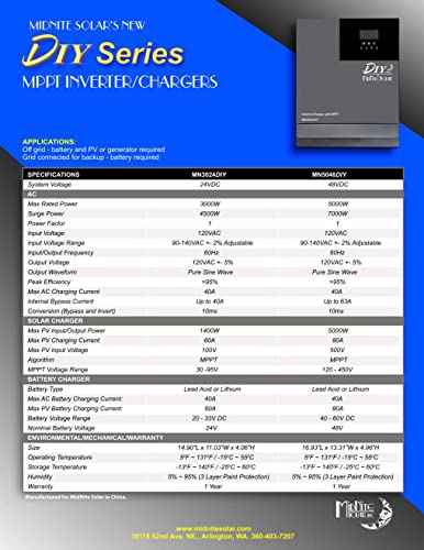 MidNite Solar MN3024DIY MPPT Inverter/Charger 120VAC 24VDC 3000W Black