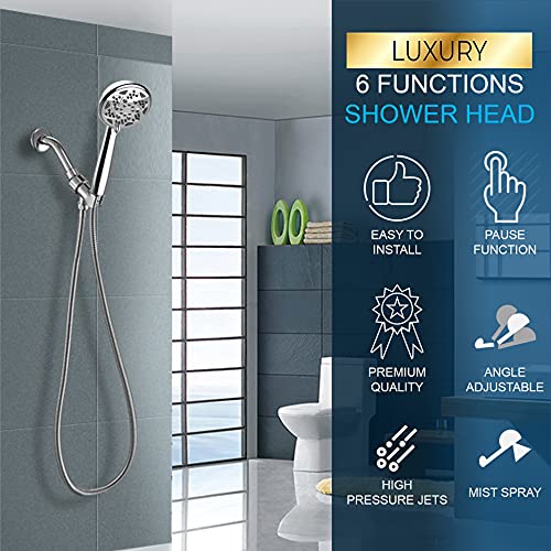 FREZZEL High Pressure Shower Head With Handheld Spray 6 Settings - Handheld Shower Heads with 60 Inches SS Hose and Adjustable Bracket - Removable shower head [4" Chrome]