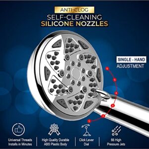 FREZZEL High Pressure Shower Head With Handheld Spray 6 Settings - Handheld Shower Heads with 60 Inches SS Hose and Adjustable Bracket - Removable shower head [4" Chrome]