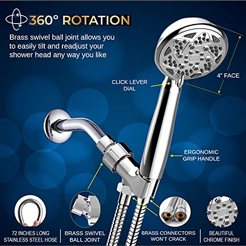 FREZZEL High Pressure Shower Head With Handheld Spray 6 Settings - Handheld Shower Heads with 60 Inches SS Hose and Adjustable Bracket - Removable shower head [4" Chrome]