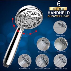 FREZZEL High Pressure Shower Head With Handheld Spray 6 Settings - Handheld Shower Heads with 60 Inches SS Hose and Adjustable Bracket - Removable shower head [4" Chrome]