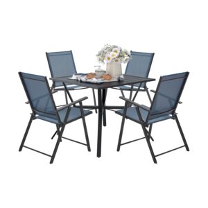 vicllax 5 pcs patio dining table and chairs set, 4 outdoor reclining folding sling chair with armrest & 1 square patio dining table with 1.57" umbrella hole(dark blue/black)