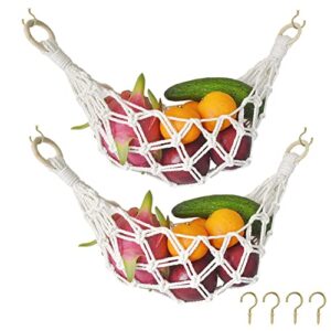 2 sets of macrame hanging fruit hammock under cabinet with hooks (all handwoven) for banana, produce, vegetables or fruit storage - 3 colors (ivory)