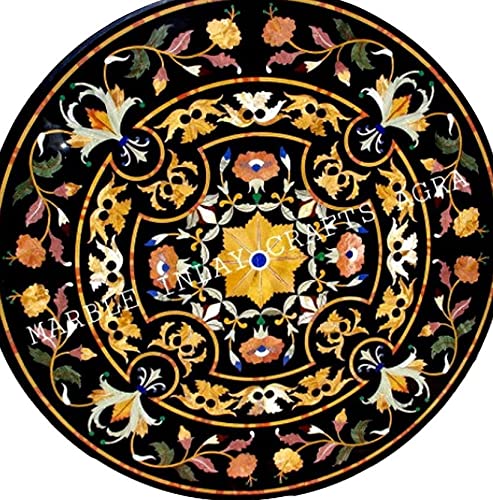 Pietra Dura Natural Black Marble Round 33" x 33" Inch Coffee Table Top, Black Marble Round Dining Table Top, Marble Centre Table Top, Piece Of Conversation, Family HeirLoom