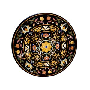 Pietra Dura Natural Black Marble Round 33" x 33" Inch Coffee Table Top, Black Marble Round Dining Table Top, Marble Centre Table Top, Piece Of Conversation, Family HeirLoom