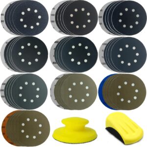 50pcs sandpaper 8 hole 5 inch sanding discs hook and loop 60/180/240/400/800/1200/2500/4000/7000/10000 grits with hand sander for automotive metal polishin