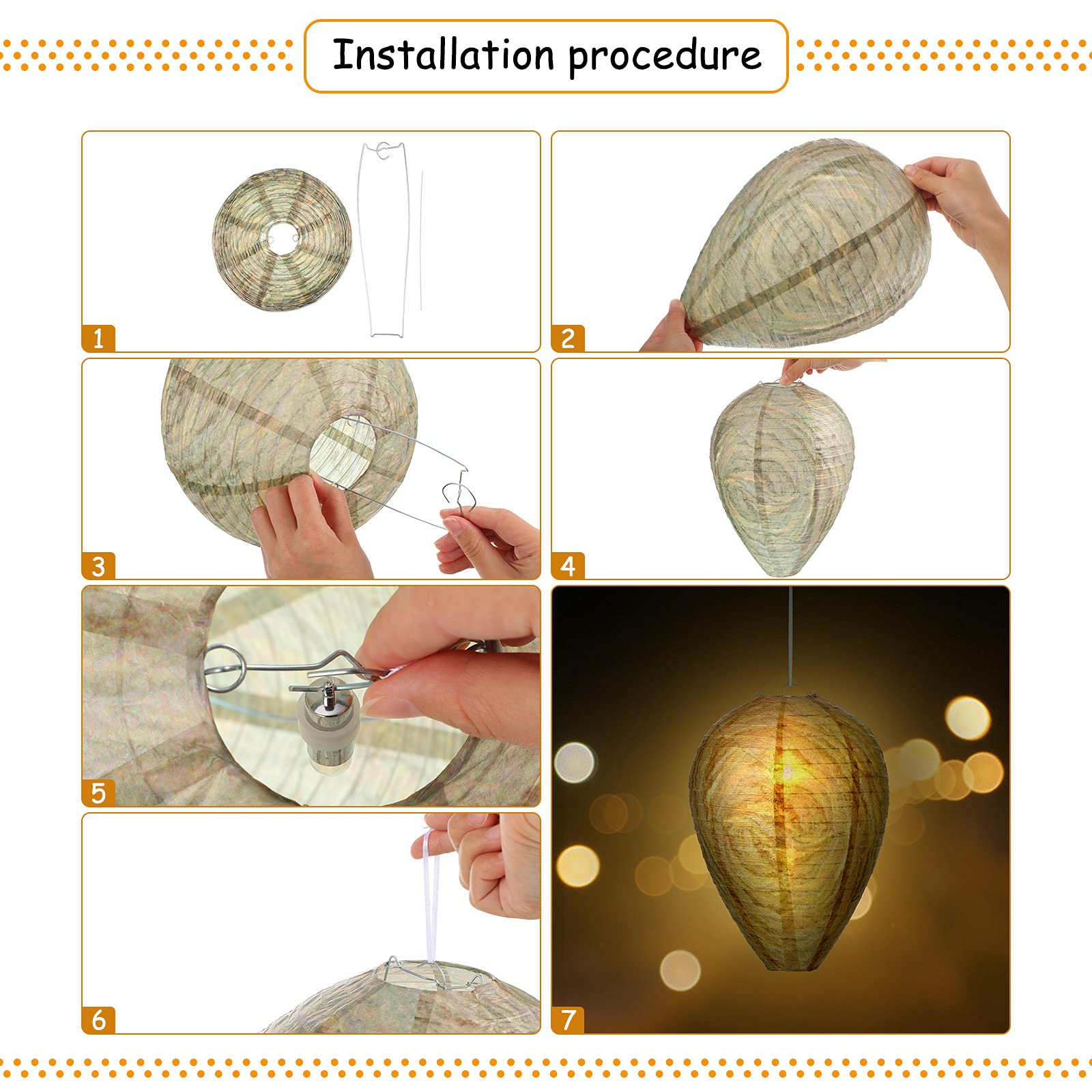 6 Pieces Waterproof Wasp Nest Decoy Fake Cloth Wasp Nest 12 LED Outdoor Paper Lantern with Paper Lantern Light for Home and Garden Outdoor