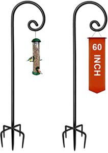 koutemie 60 inch outdoor shepherd hook for hanging plant, adjustable heavy duty bird feeder pole with 5 prong base for solar lanterns, black & 2 packs