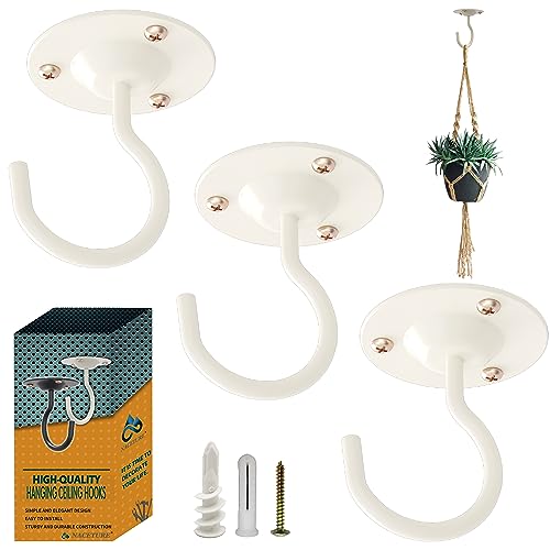 NACETURE Ceiling Hooks for Hanging Plants 3 Pack - Plant Hanger Indoor Hanging Hooks Metal Plant Bracket Iron Lanterns Hangers for Wind Chimes, Planters (Round White 3 Pack) (White, 3 Pack)