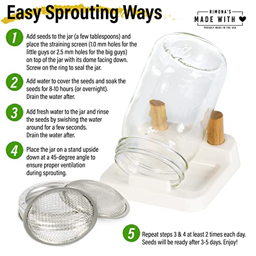 RIMONA’s Sprouting Kit - Stainless Steel Curved Enhanced Mesh Strainers (1 for Big and 1 for Small Seeds), Ball Mason Jar & Holder - Sprout Growing Kit for variety of seeds