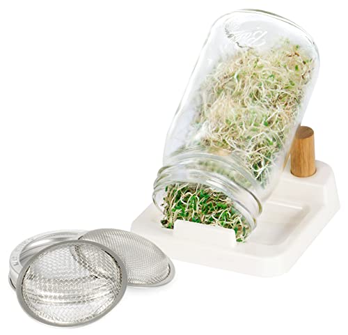 RIMONA’s Sprouting Kit - Stainless Steel Curved Enhanced Mesh Strainers (1 for Big and 1 for Small Seeds), Ball Mason Jar & Holder - Sprout Growing Kit for variety of seeds