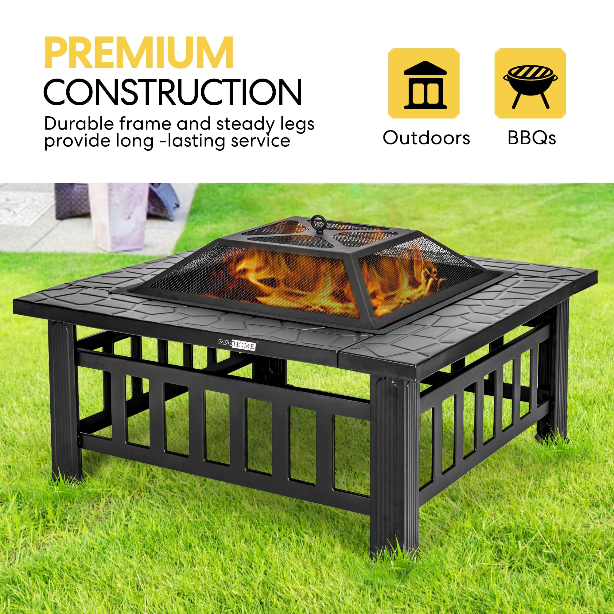 VIVOHOME 2 in 1 Outdoor Fire Pit - 36 Inch Large Bonfire Wood Burning Outside Firepit for Patio and Backyard with Spark Screen, Round Grill Grid, Poker and Fireplace Cover