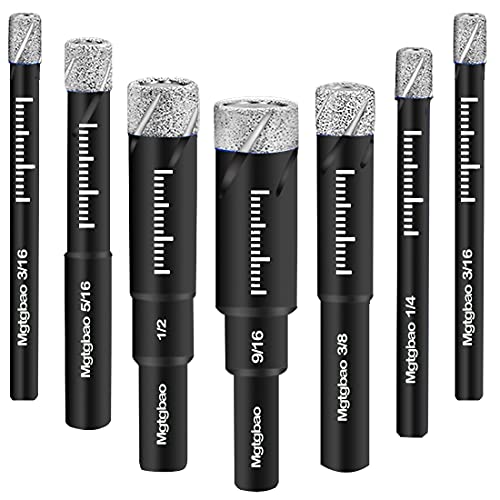 Mgtgbao 7pc Black Dry Diamond Drill Bits Set for Granite Ceramic Marble Tile Stone Glass Hard Materials (not for Wood), Round Shank with 3/16,1/4, 5/16, 3/8, 1/2, 9/16 inch with Storage Case