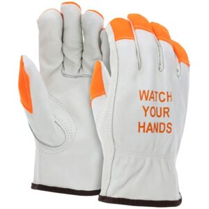 ateret 12 pairs x-large hi vis heavy duty durable cowhigh leather work gloves i orange tip - watch your hand i driver gloves for truck driving, warehouse, gardening, farming (xlarge, 12)