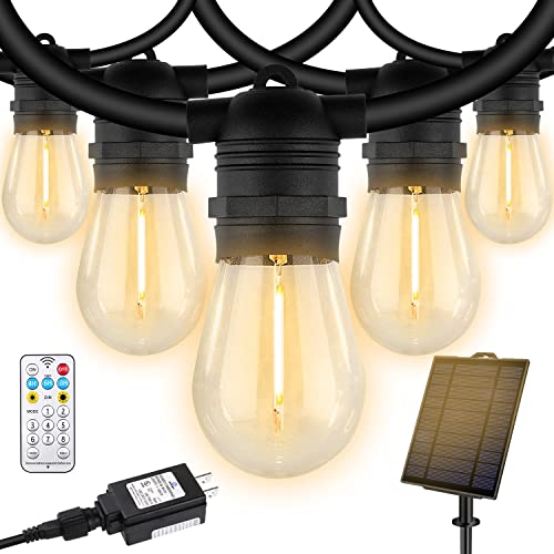 Kasonic Outdoor String Lights, 48 FT + 8 FT Extension Cord, 2 in 1, AC and Solar Powered, 15 Hanging Dimmable Shatterproof Bulbs(+2 Spare Bulbs), Decorative LED Patio Lights