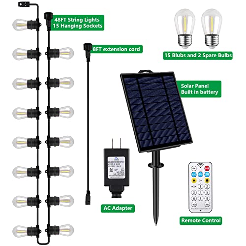 Kasonic Outdoor String Lights, 48 FT + 8 FT Extension Cord, 2 in 1, AC and Solar Powered, 15 Hanging Dimmable Shatterproof Bulbs(+2 Spare Bulbs), Decorative LED Patio Lights