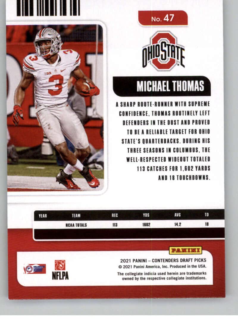 2021 Panini Contenders Draft Season Ticket #47 Michael Thomas Ohio State Buckeyes Official NCAA Football Trading Card in Raw (NM or Better) Condition