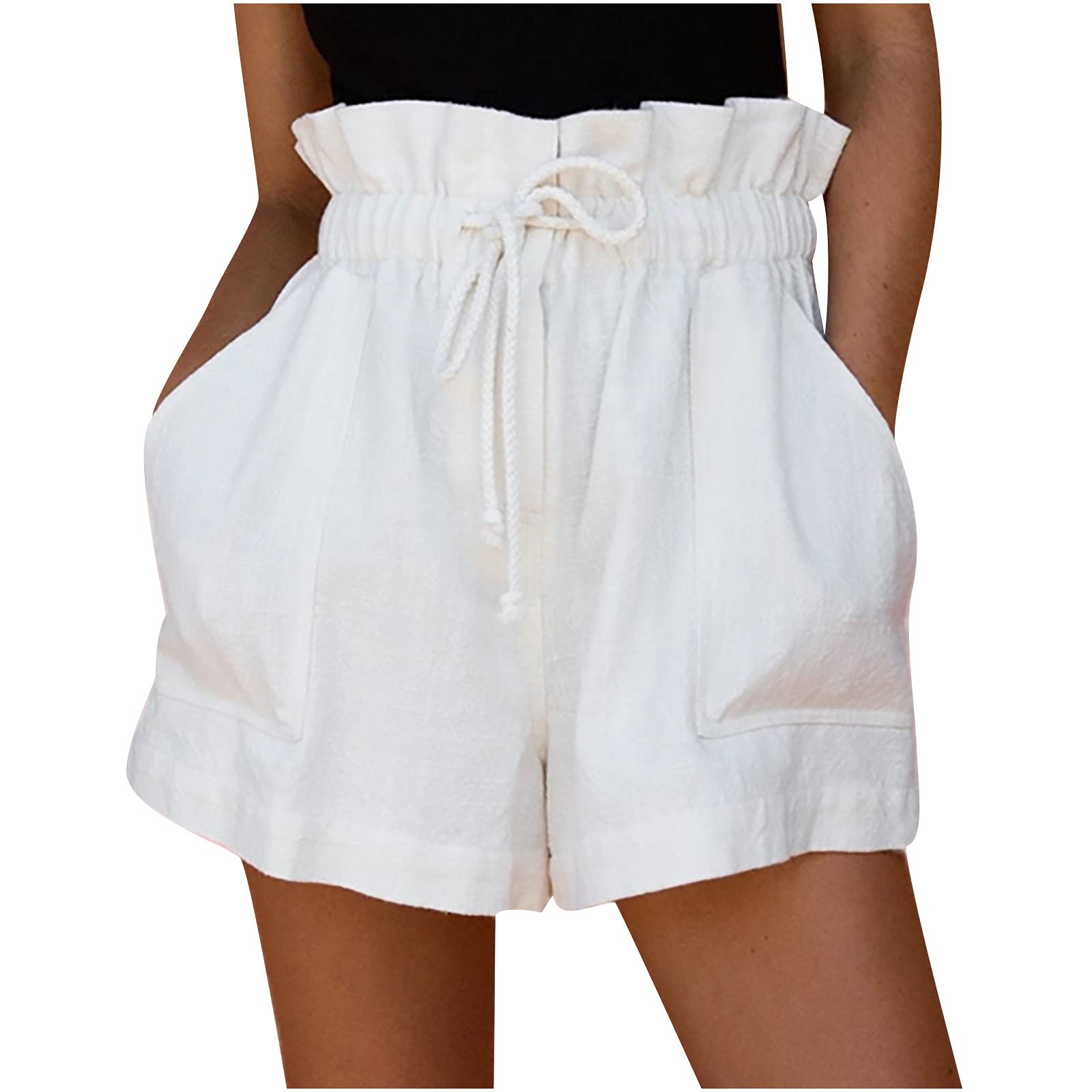 Bravetoshop Womens Shorts Casual Summer Drawstring Comfy Shorts Elastic High Waist Fashion Shorts with Pockets (Beige,L)