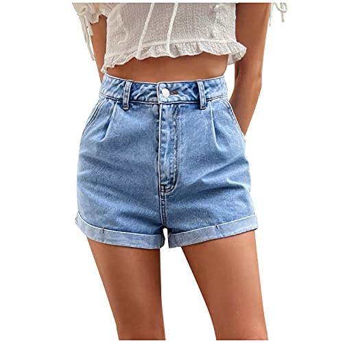 Bravetoshop Women's Denim Shorts High Rise Jean Shorts Stretchy Folded Hem Hot Short Jeans (Blue,XS)